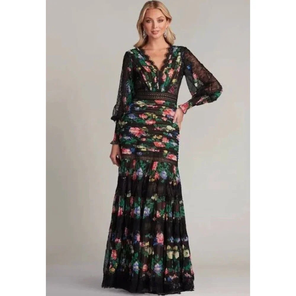 TADASHI SHOJI Lorely Floral Maxi Gown Balloon Sleeves V Neck Lace Black Size 8 - Picture 2 of 11